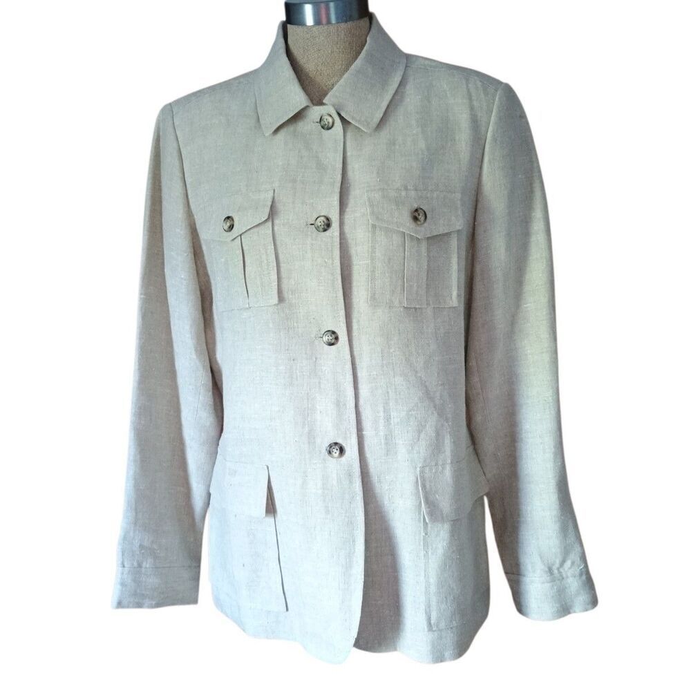 Harve Bernard Holtzman Blazer Jacket Womens Sz 14 100% Linen Beige Button Front